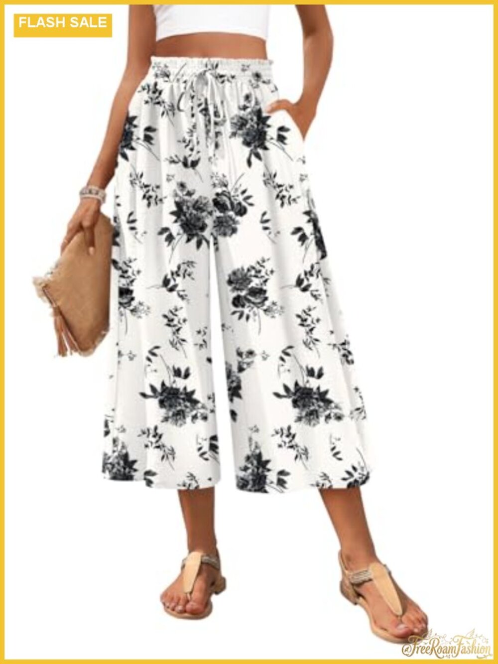 Womens Wide Leg Capri Pants Flowy Gaucho Palazzo Pockets Lightweight